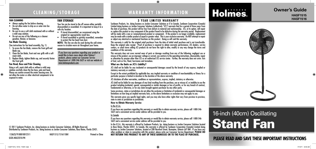 Holmes HASF1515 warranty c l e a n i n g / s t o r a g e, Wa R R A N T Y I N F O R M At I O N, Owner’s Guide, Fan Storage 