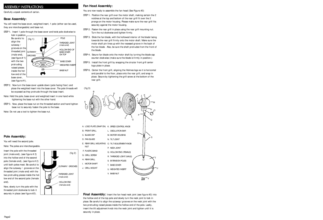 Holmes HASF1522RCI warranty Assembly Instructions, Base Assembly, Fan Head Assembly, Pole Assembly 