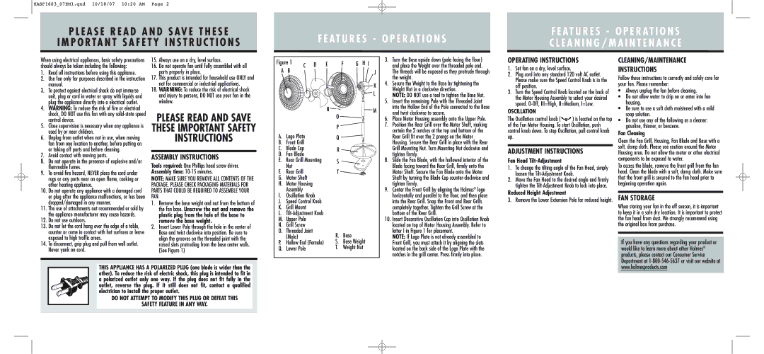 Holmes HASF1603BM2 warranty Assembly Instructions, Operating Instructions, Adjustment Instructions, FAN Storage 