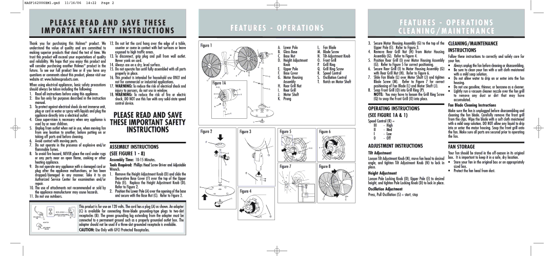 Holmes HASF1620 warranty CLEANING/MAINTENANCE Instructions, Adjustment Instructions, FAN Storage 