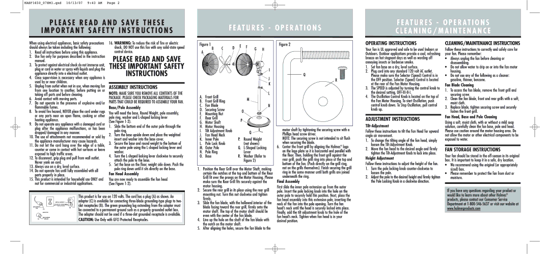 Holmes HASF1650 warranty Assembly Instructions, Operating Instructions, Adjustment Instructions, FAN Storage Instructions 