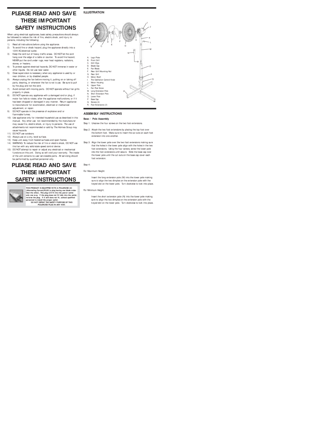 Holmes HASF1705, HASF1320 warranty Illustration, Assembly Instructions, Base / Pole Assembly 