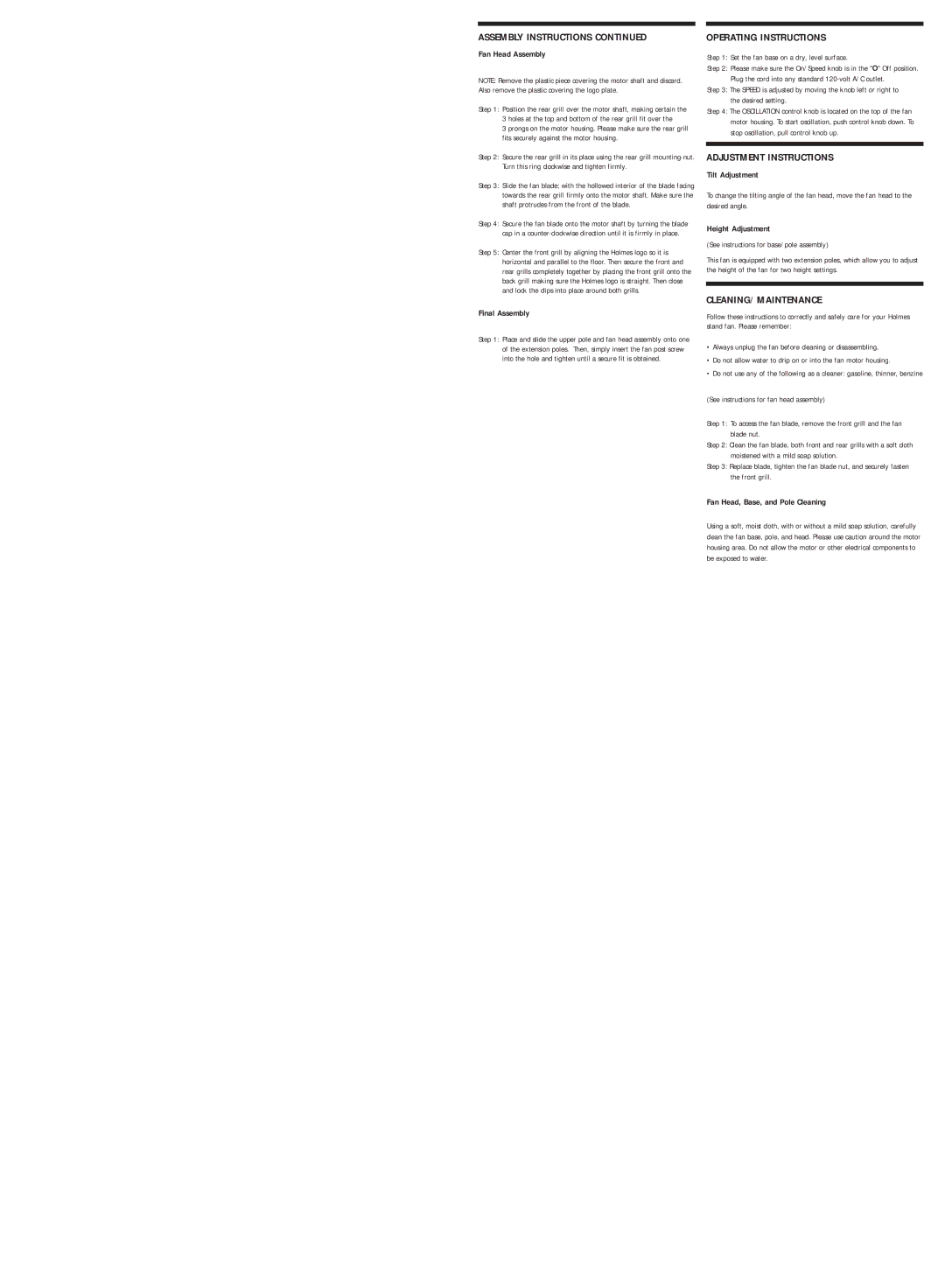 Holmes HASF1320, HASF1705 warranty Operating Instructions, Adjustment Instructions, Cleaning/Maintenance 