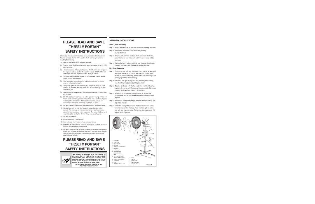 Holmes HASF1796RC warranty Assembly Instructions, Base / Pole Assembly, Fan Head Assembly 