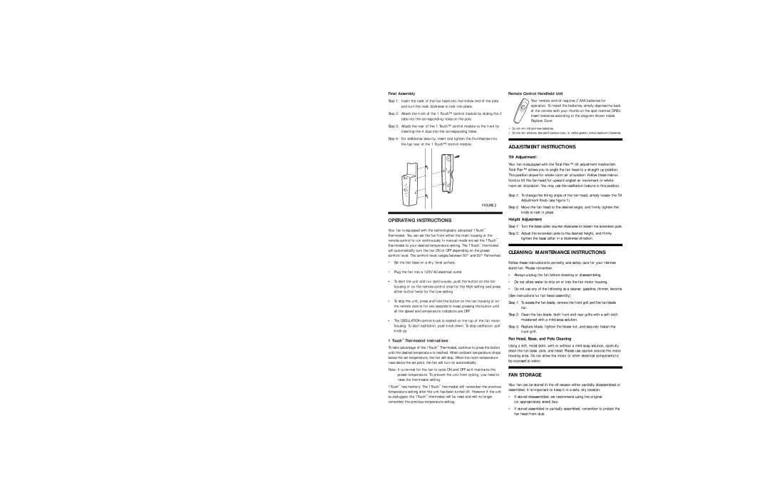 Holmes HASF1796RC warranty Operating Instructions, Adjustment Instructions, CLEANING/MAINTENANCE Instructions, FAN Storage 