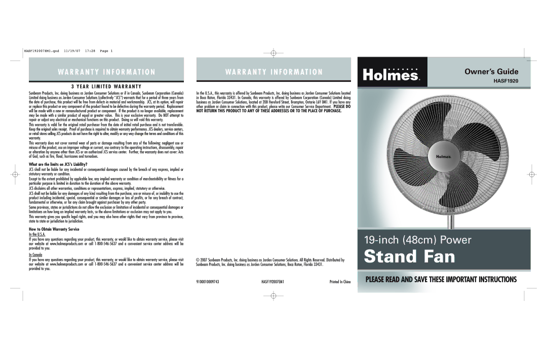 Holmes HASF1920 warranty What are the limits on JCS’s Liability?, How to Obtain Warranty Service, U.S.A Canada 