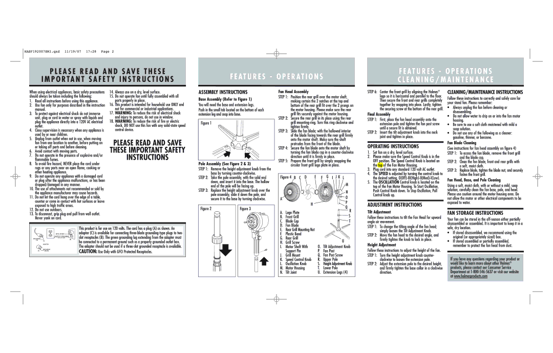 Holmes HASF1920 warranty Assembly Instructions, Operating Instructions, Adjustment Instructions, FAN Storage Instructions 