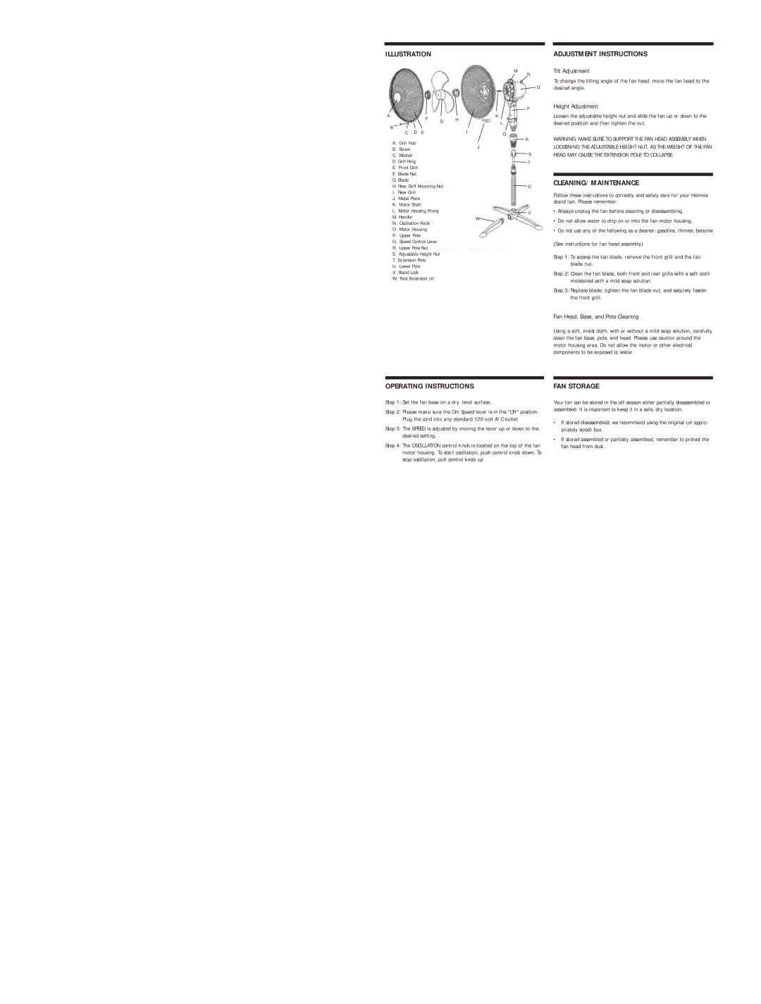 Holmes HASF1933, HASF1333 Illustration, Adjustment Instructions, Cleaning/Maintenance, Operating Instructions, FAN Storage 