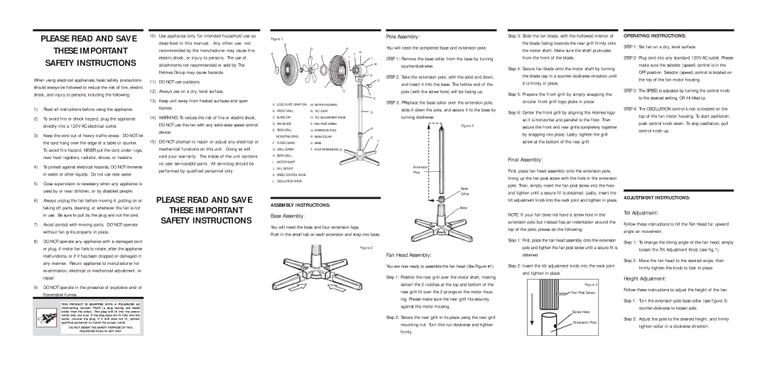 Holmes HASF2009 Pole Assembly, Final Assembly, Base Assembly, Tilt Adjustment, Fan Head Assembly, Height Adjustment 