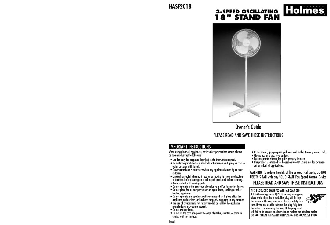 Holmes HASF2018 warranty Important Instructions, Avoid contact with moving parts, Do not use outdoors, Page1 