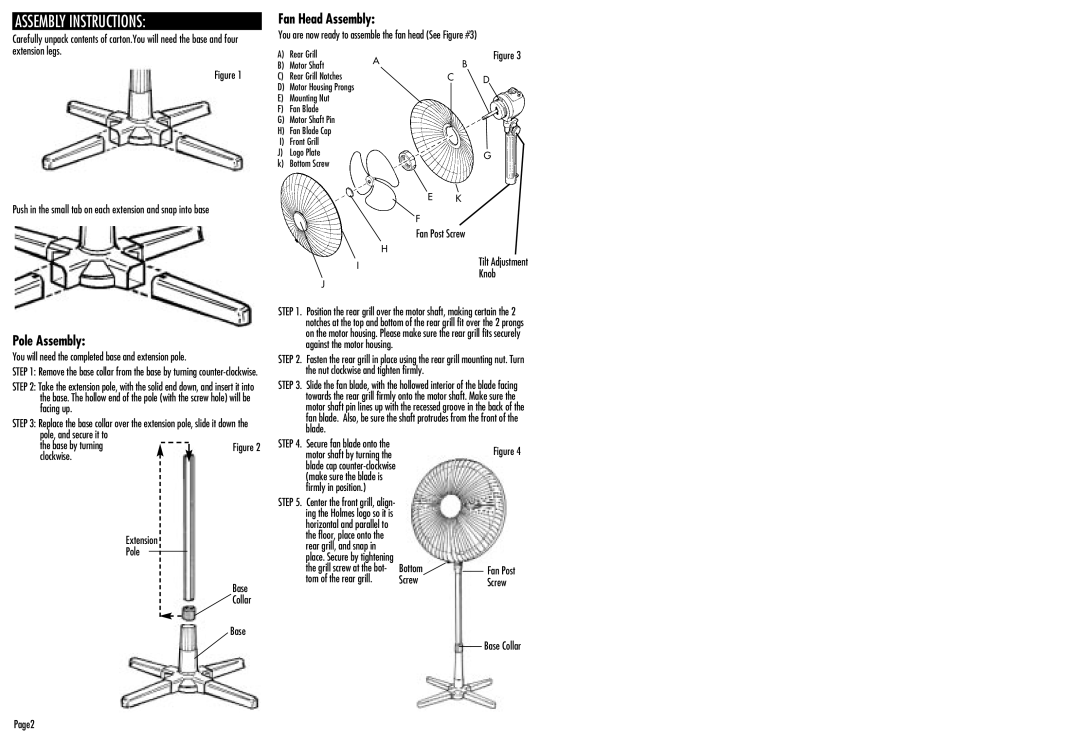 Holmes HASF2018 warranty Assembly Instructions, Pole Assembly, Fan Head Assembly 