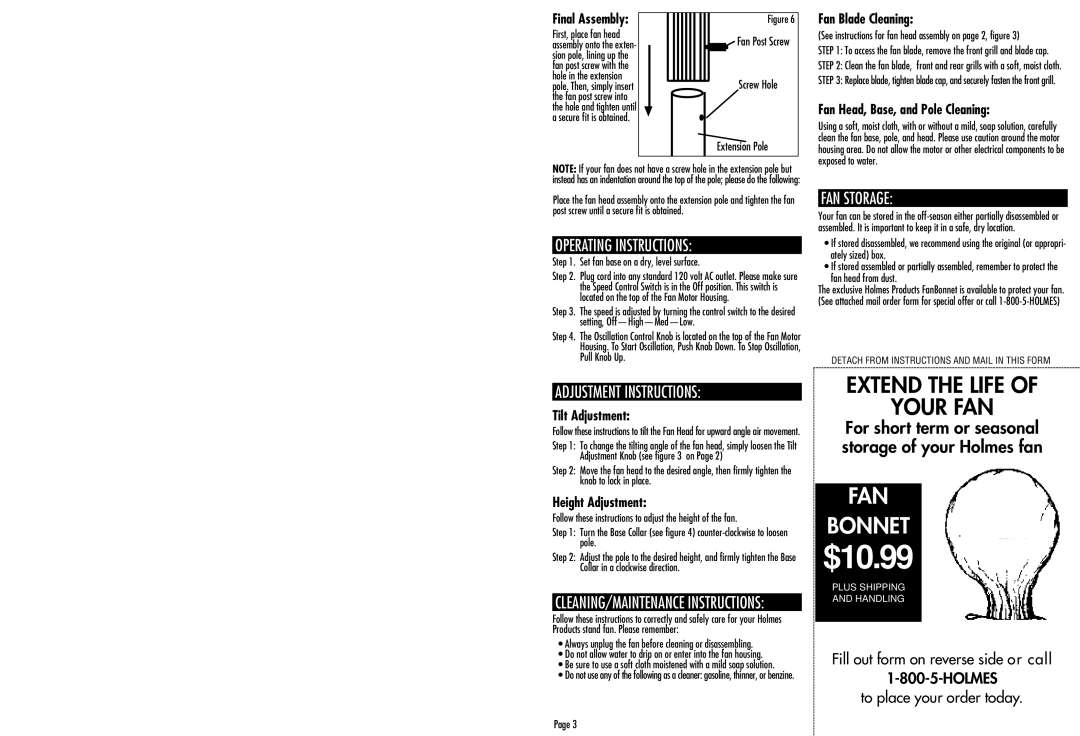 Holmes HASF2018 warranty Operating Instructions, Adjustment Instructions, FAN Storage 