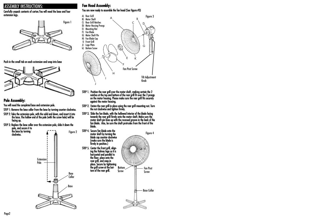 Holmes HASF2018 Assembly Instructions, Pole Assembly, Fan Head Assembly, Knob, Extension Pole Base, Bottom, Screw, Page2 