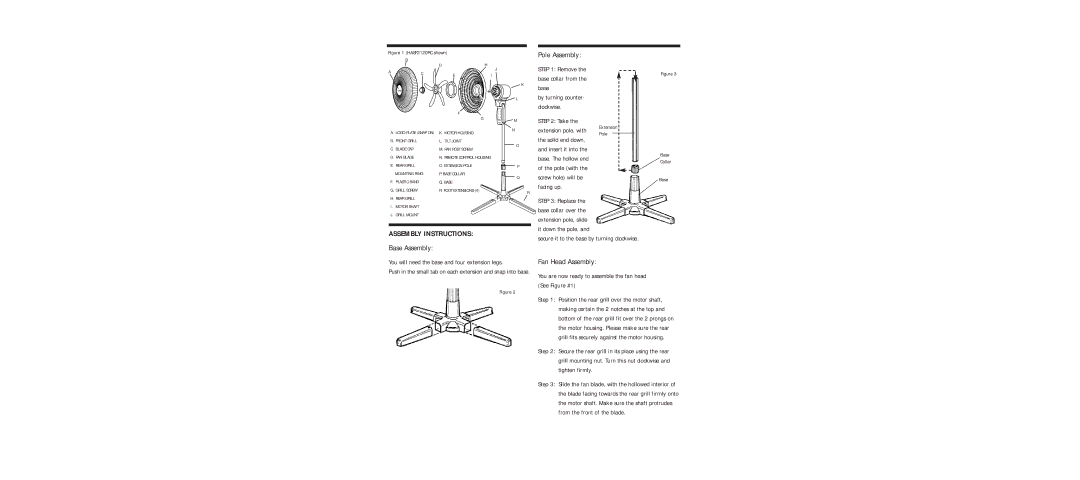 Holmes HASF2120RC, HASF2018RC warranty Pole Assembly, Base Assembly, Fan Head Assembly, Assembly Instructions 