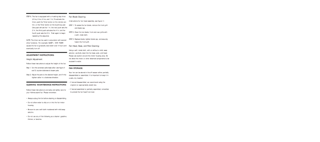 Holmes HASF2120RC Height Adjustment, Fan Blade Cleaning, Fan Head, Base, and Pole Cleaning, Adjustment Instructions 
