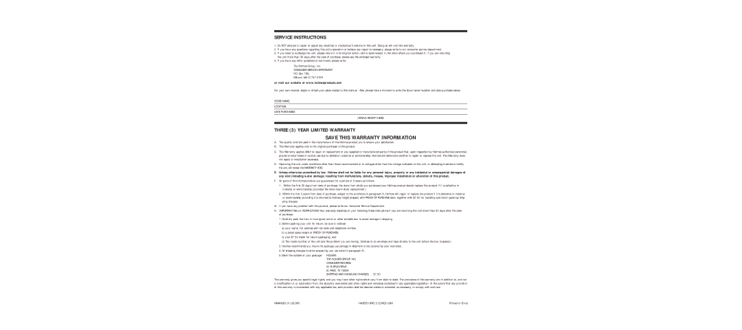 Holmes HASF2018RC, HASF2120RC warranty Save this Warranty Information, Service Instructions, Three 3 Year Limited Warranty 