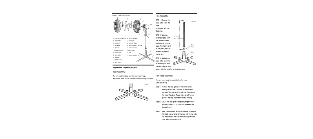 Holmes HASF2018RC warranty Pole Assembly, Base Assembly, Fan Head Assembly, Assembly Instructions, HASF2120RC shown 