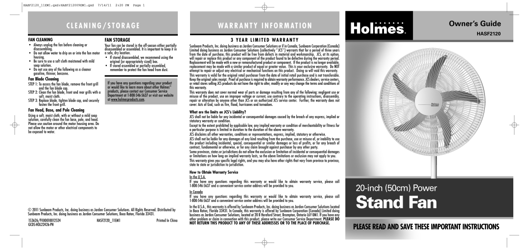 Holmes HASF2120 warranty FAN Storage, Fan Blade Cleaning, Fan Head, Base, and Pole Cleaning 