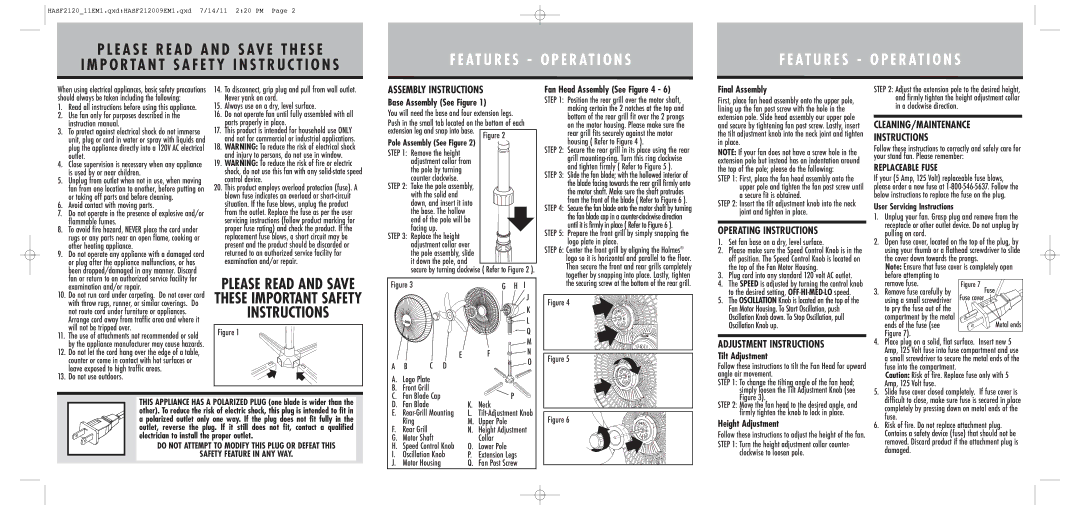 Holmes HASF2120 Assembly Instructions, Operating Instructions, Adjustment Instructions, CLEANING/MAINTENANCE Instructions 