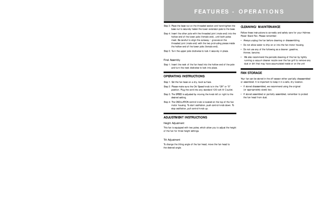 Holmes HASF99 warranty Operating Instructions, Adjustment Instructions, Cleaning/Maintenance, FAN Storage 