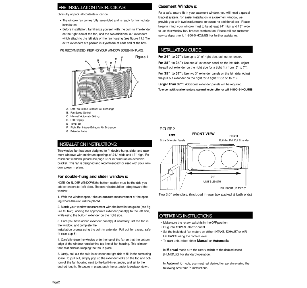 Holmes HAWF 2095 Installation Instructions, Installation Guide, Operating Instructions, For double-hung and slider windows 