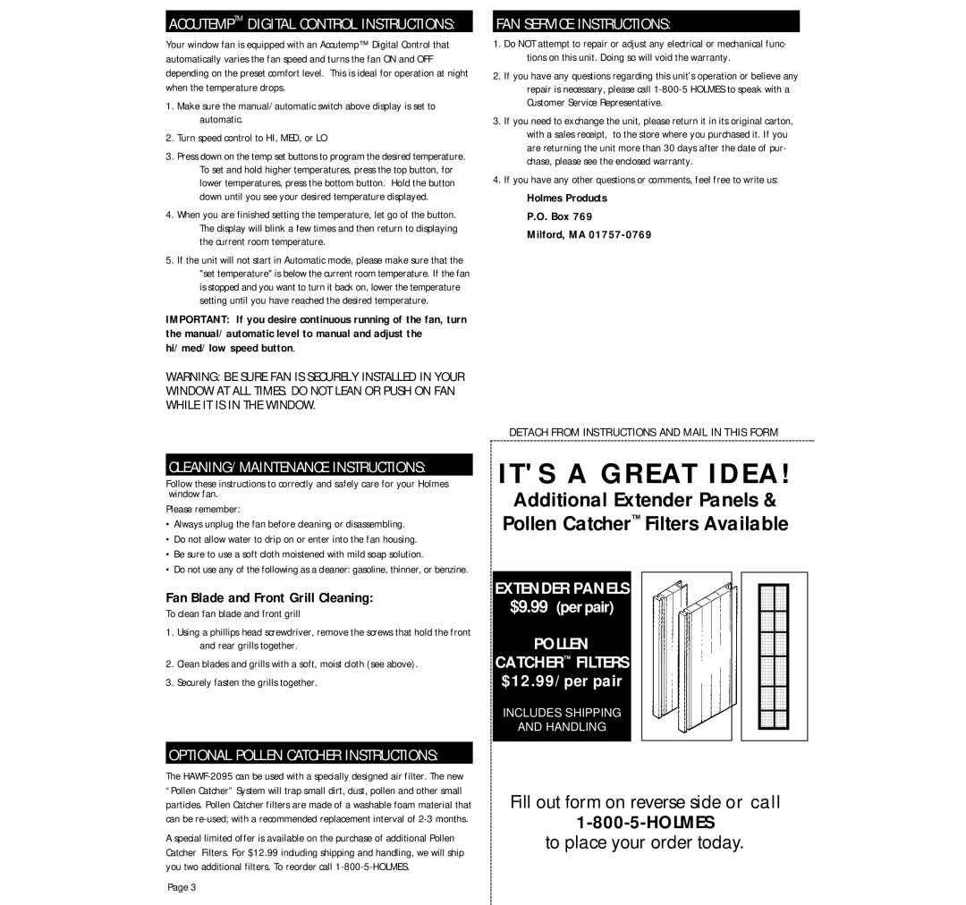 Holmes HAWF 2095 FAN Service Instructions, Fan Blade and Front Grill Cleaning, To clean fan blade and front grill 