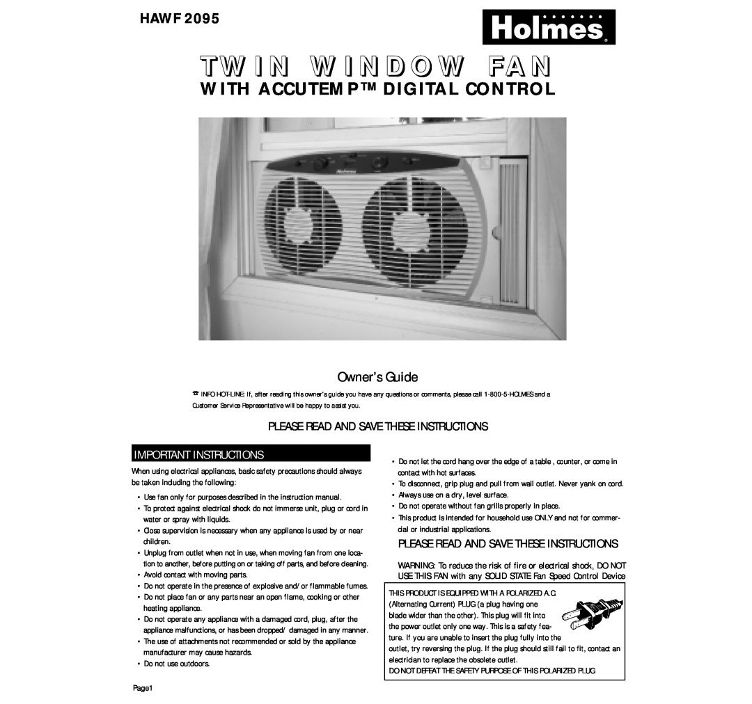 Holmes HAWF 2095 instruction manual Important Instructions, Avoid contact with moving parts, Do not use outdoors Page1 