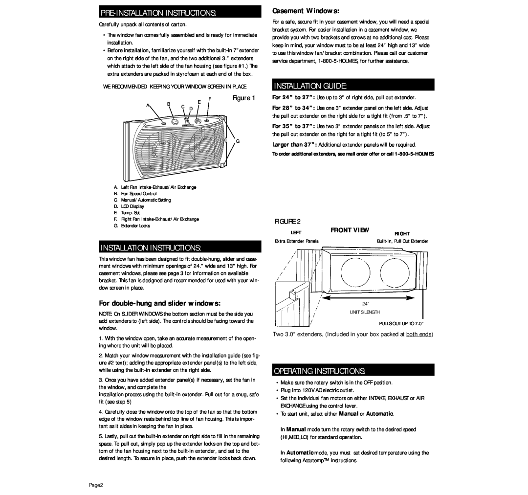 Holmes HAWF 2095 Installation Instructions, Installation Guide, Operating Instructions, For double-hungand slider windows 