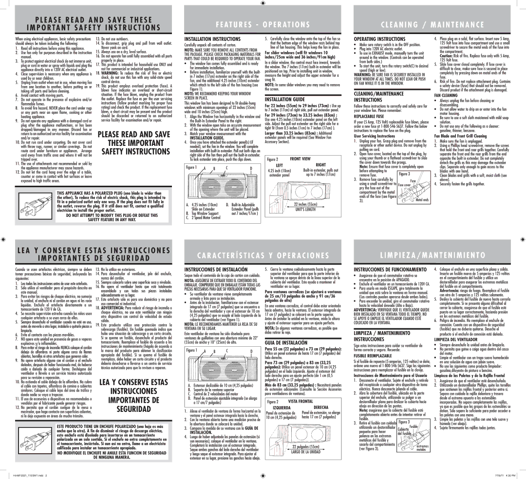 Holmes HAWF2021 Installation Instructions, Installation Guide, Operating Instructions, CLEANING/MAINTENANCE Instructions 