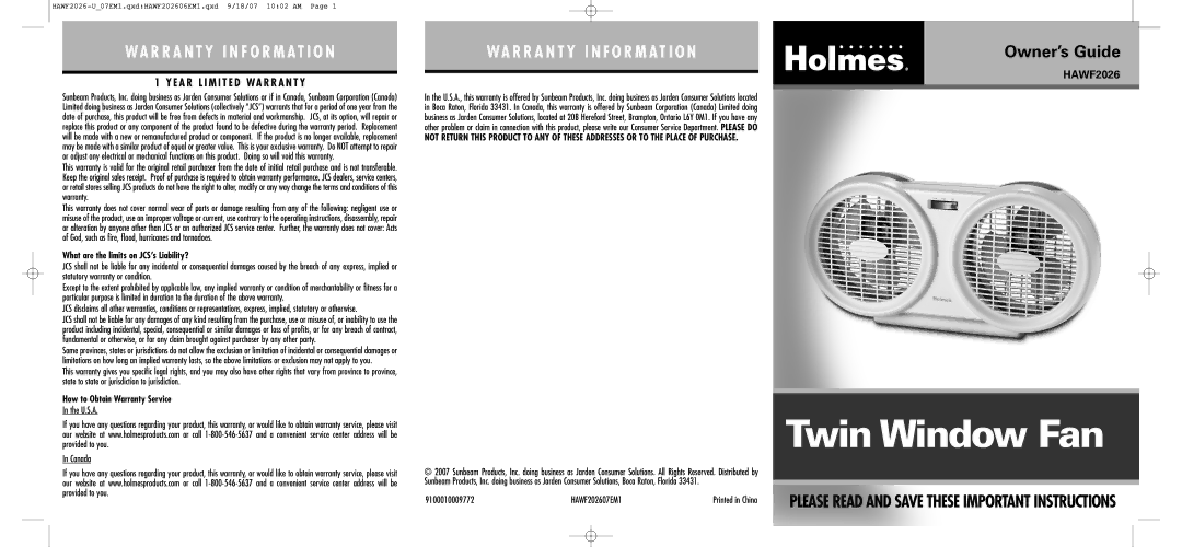 Holmes HAWF2026 warranty What are the limits on JCS’s Liability?, How to Obtain Warranty Service, U.S.A Canada 