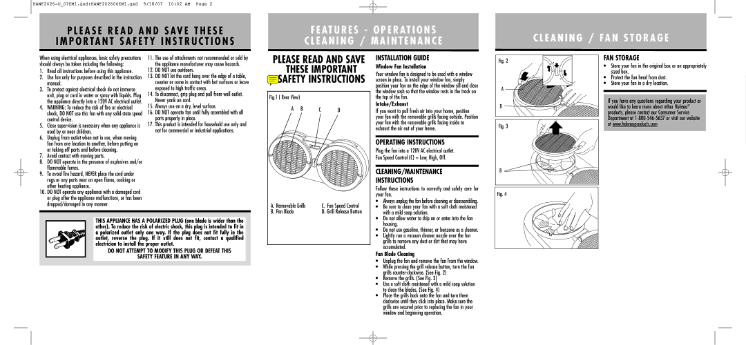 Holmes HAWF2026 warranty Installation Guide, Operating Instructions, CLEANING/MAINTENANCE Instructions, FAN Storage 