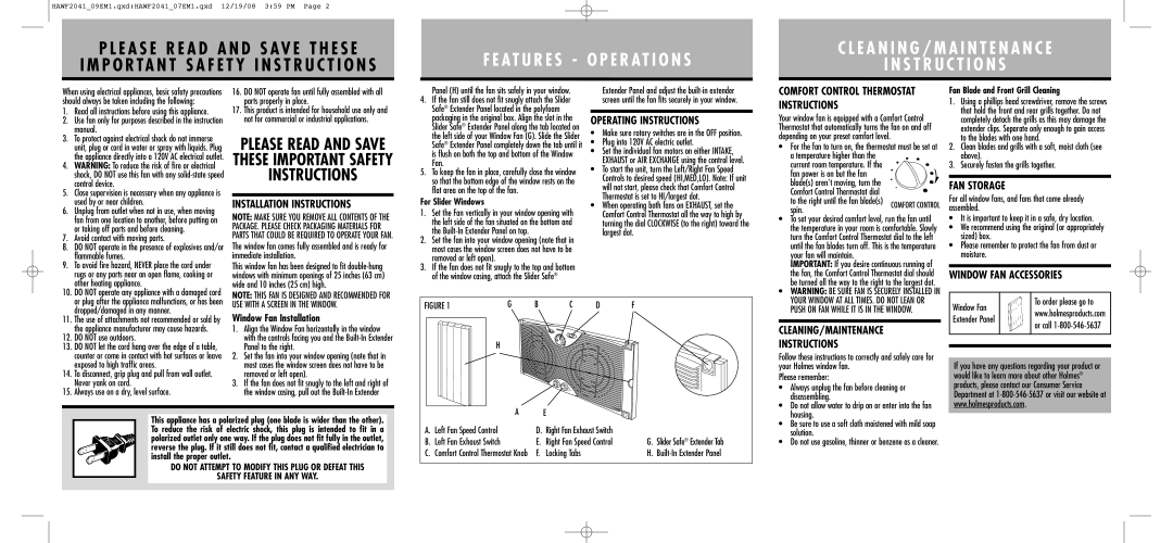 Holmes HAWF204109EM1 warranty Installation Instructions, Operating Instructions, FAN Storage, Window FAN Accessories 