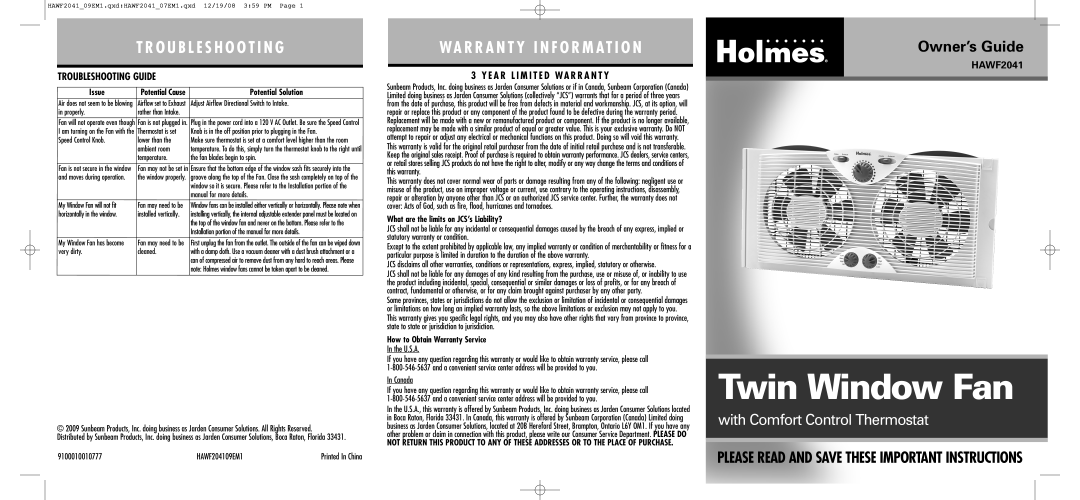 Holmes HAWF204109EM1 warranty T R O U B L E S H O O T I N G, Wa R R A N T Y I N F O R M At I O N, Owner’s Guide, Issue 