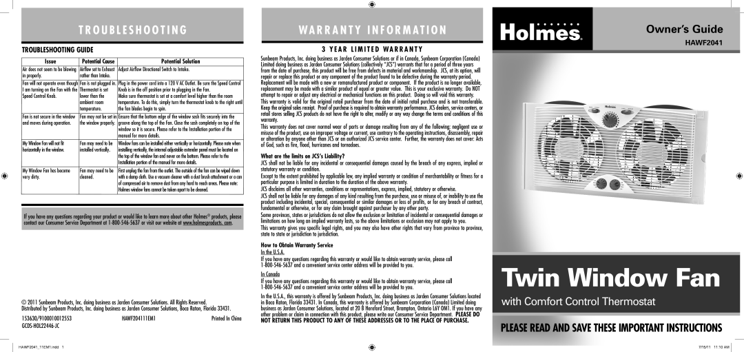 Holmes HAWF2041 warranty T R O U B L E S H O O T I N G, Wa R R A N T Y I N F O R M At I O N, Owner’s Guide, Issue 