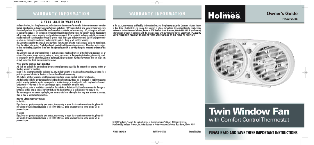 Holmes warranty U.S.A Canada, HAWF204607EM1 