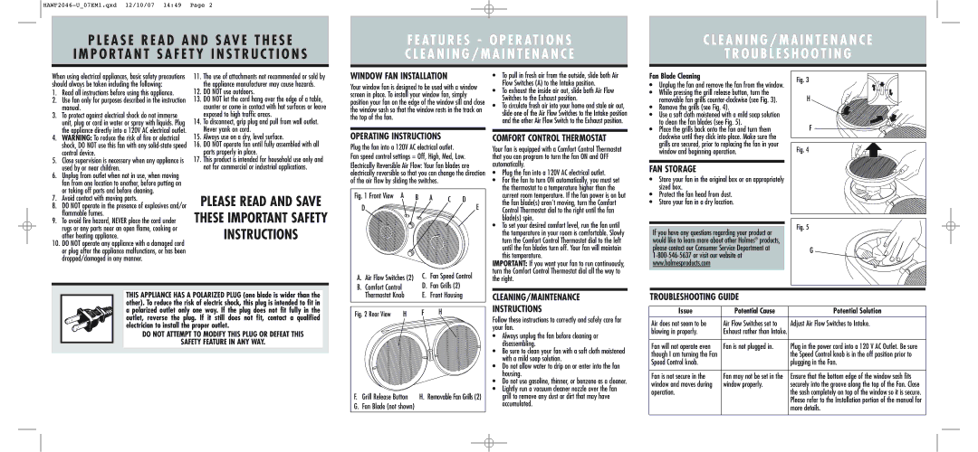 Holmes HAWF2046 warranty Window FAN Installation, Operating Instructions, FAN Storage, CLEANING/MAINTENANCE Instructions 