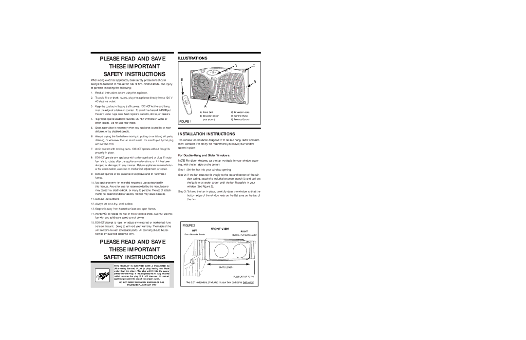 Holmes HAWF2199 warranty Please Read and Save These Important Safety Instructions, Installation Instructions 