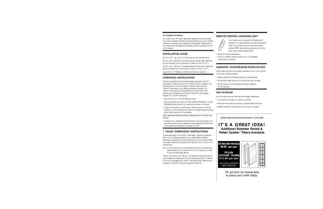 Holmes HAWF2199 warranty Installation Guide, Operating Instructions, FAN Storage, For Casement Windows 