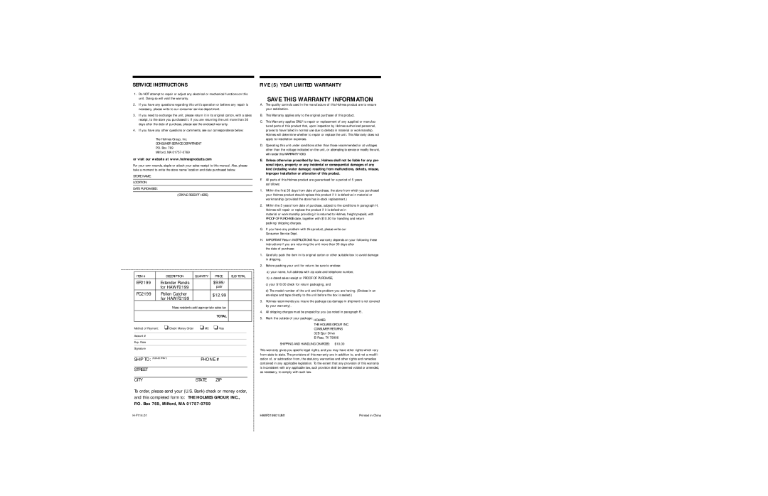 Holmes HAWF2199 warranty Service Instructions 