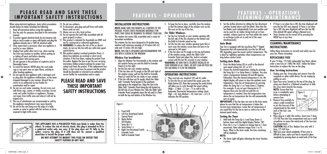 Holmes HAWF3095 warranty Installation Instructions, Operating Instructions, CLEANING/MAINTENANCE Instructions 