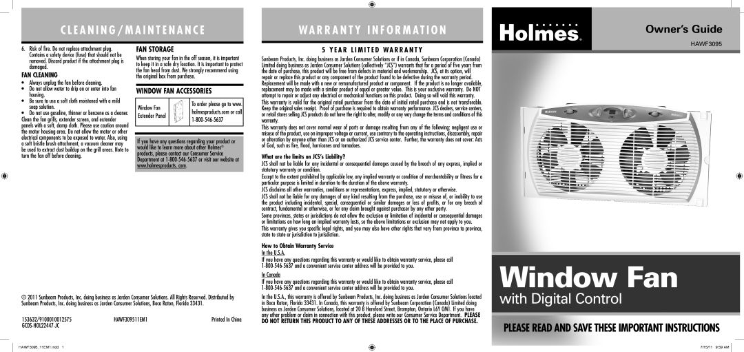 Holmes HAWF3095 warranty C L E A N I N G / M A I N T E N A N C E, Wa R R A N T Y I N F O R M At I O N, Owner’s Guide 