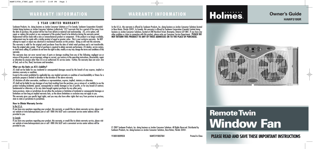 Holmes warranty U.S.A Canada, HAWF3195R07EM1 