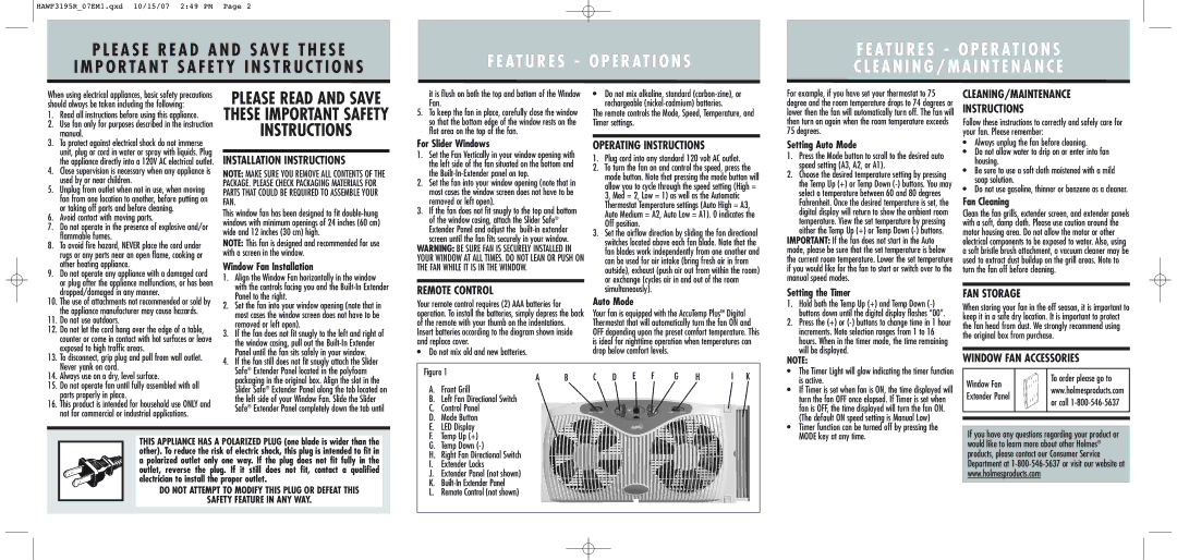 Holmes HAWF3195R CLEANING/MAINTENANCE Instructions, Installation Instructions, Operating Instructions, Remote Control 