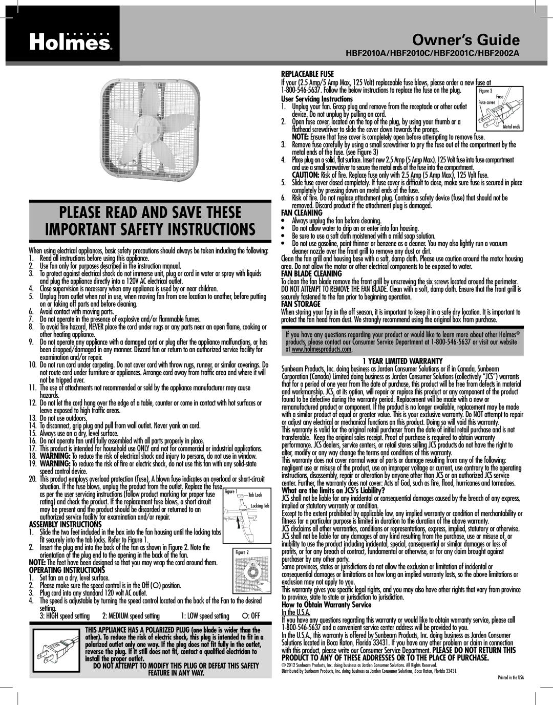 Holmes HBF2001C important safety instructions Operating Instructions, Replaceable Fuse, FAN Cleaning, FAN Blade Cleaning 