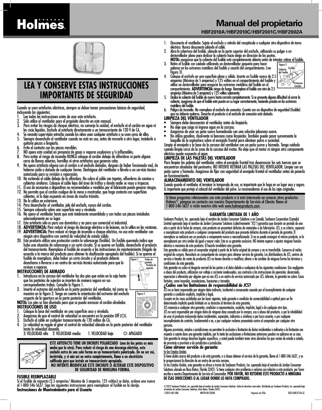 Holmes HBF2010C, HBF2002A Instrucciones DE Armado, Instrucciones DE USO, Fusible Reemplazable, Limpieza DEL Ventilador 