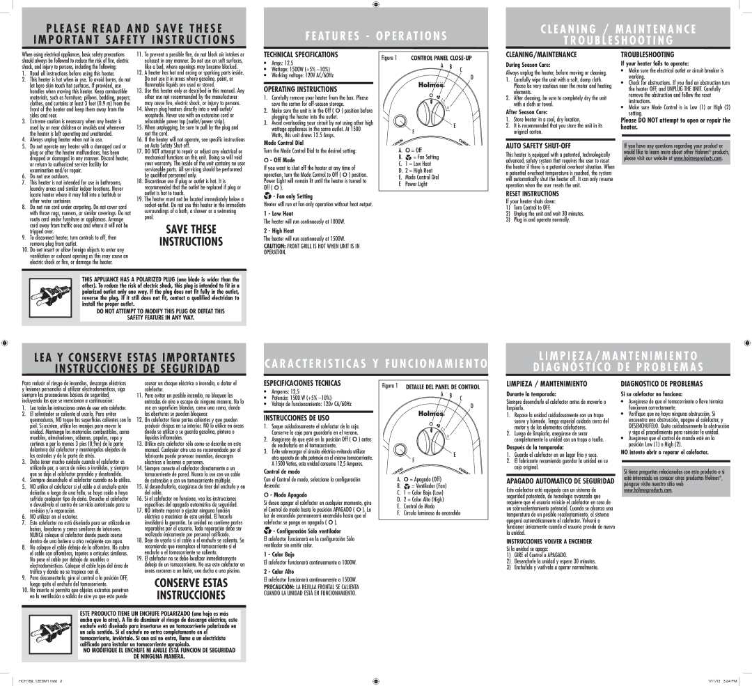 Holmes HCH159W warranty Technical Specifications, Cleaning/Maintenance, Operating Instructions, Auto Safety SHUT-OFF 