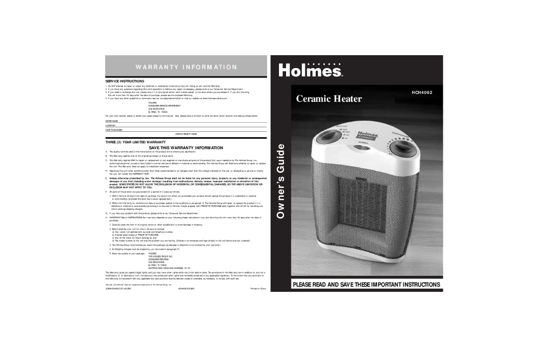 Holmes HCH4062 warranty Service Instructions, Three 3 Year Limited Warranty 