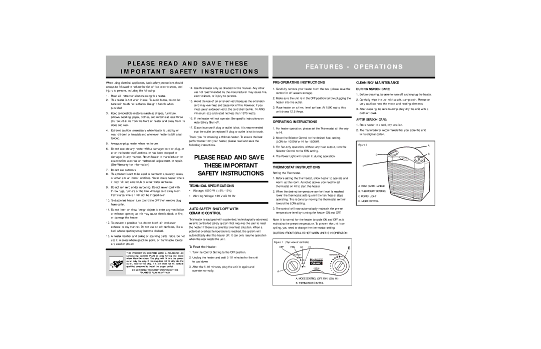 Holmes HCH4062 warranty Technical Specifications, Auto Safety SHUT-OFF with Ceramic Control, PRE-OPERATING Instructions 