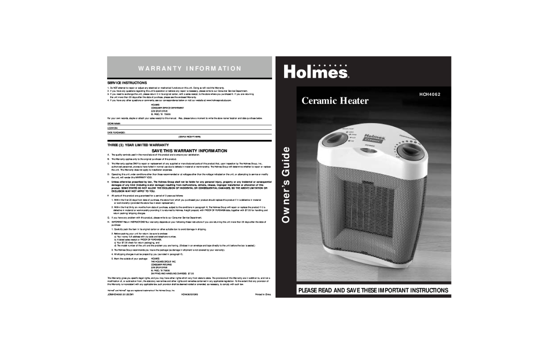 Holmes HCH4062 warranty Wa R R A N T Y I N F O R M At I O N, Please Read And Save These Important Instructions 
