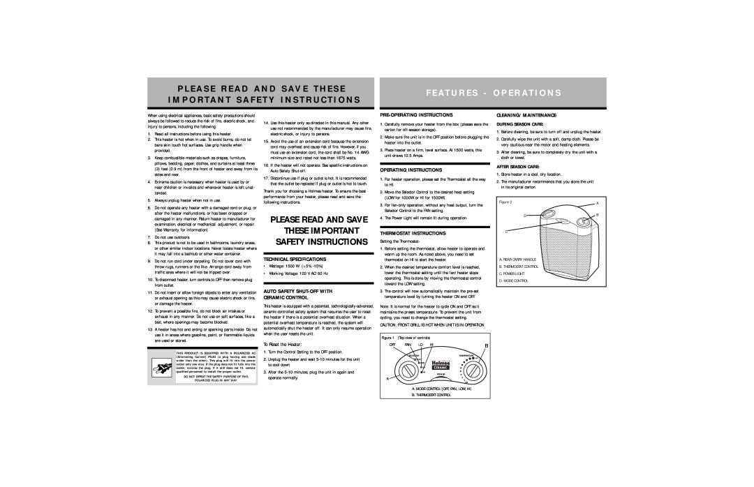 Holmes HCH4062 F E At U R E S - O P E R At I O N S, Technical Specifications, Auto Safety Shut-Offwith Ceramic Control 